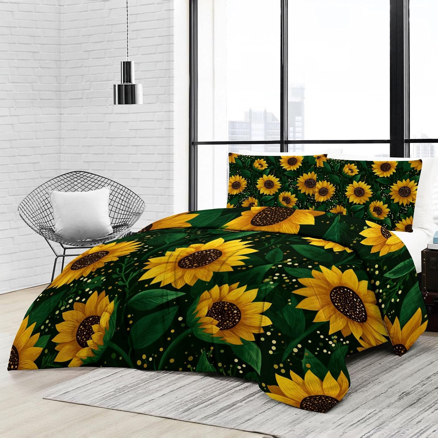 Comforter Set King with 2 Pillowcase, Hand Drawn Sunflower Petals 3 Pcs Quilted Bedding for Kids and Adults, Soft Fluffy Breathable Microfiber Dark Green Comforter for Bedroom Decor