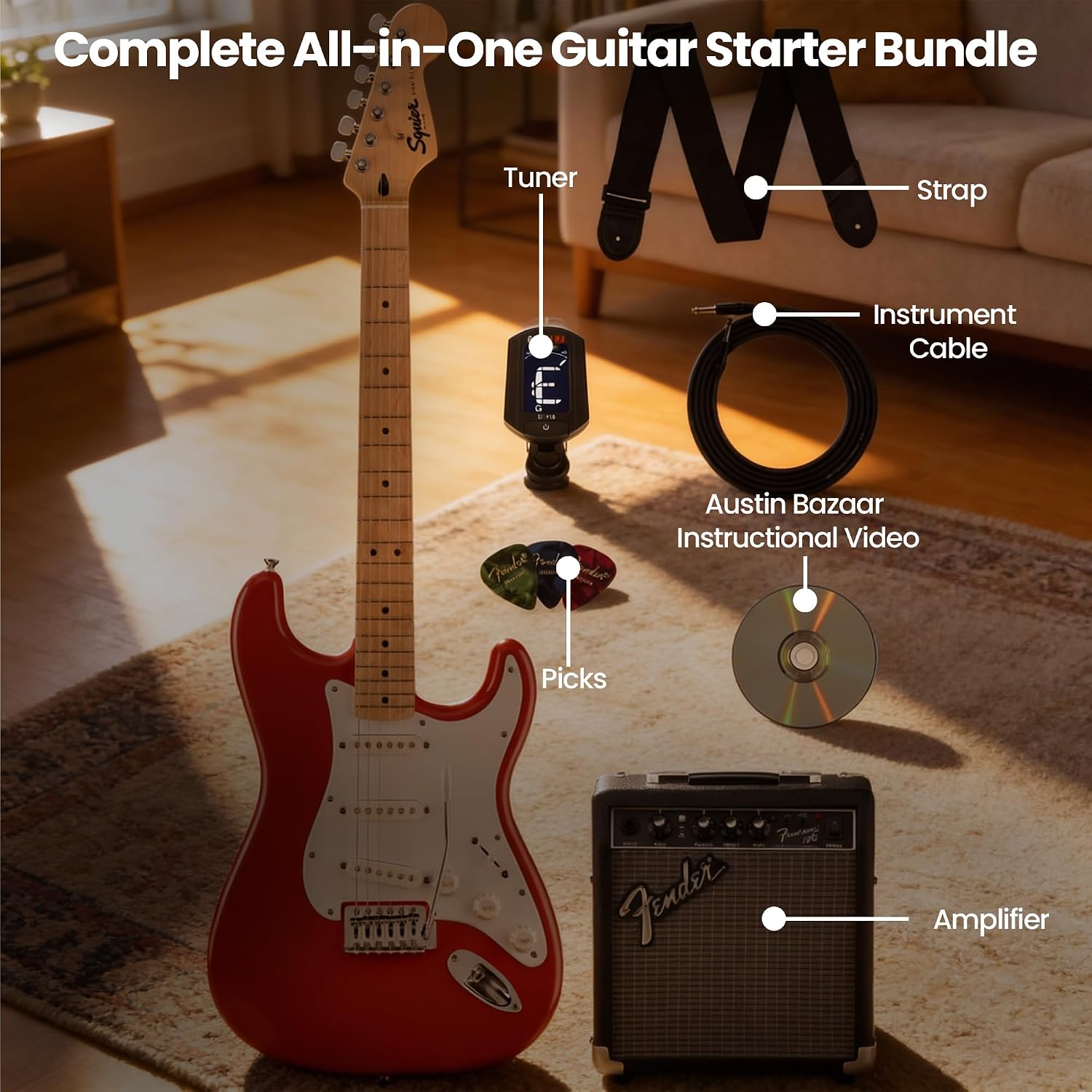 Fender Squier Sonic Stratocaster - Fiesta Red Bundle with Frontman 10G Amp, Instrument Cable, Tuner, Strap, Picks, and Austin Bazaar Instructional Video