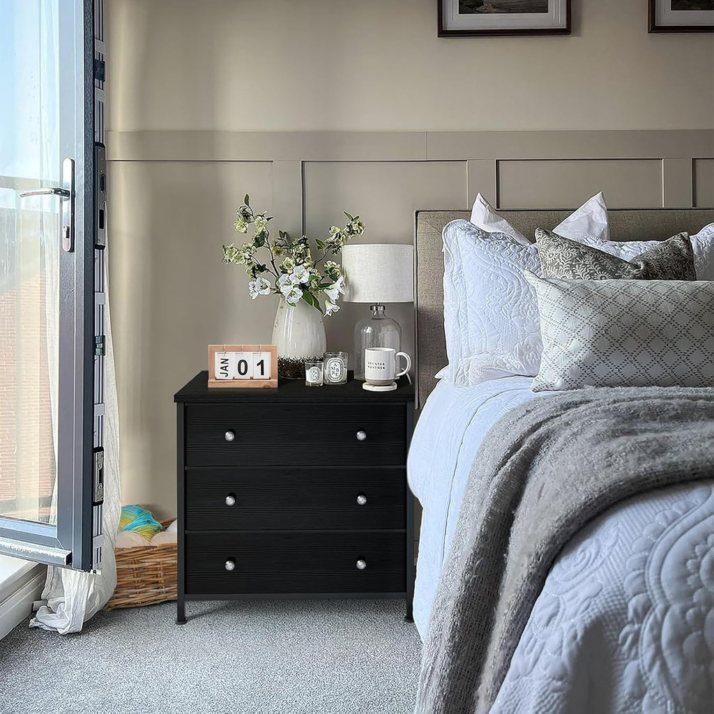 BOLUO Black Nightstands Set of 2, Large Night Stand Fabric 3 Drawer Dresser for Bedroom Closet,Girls Modern