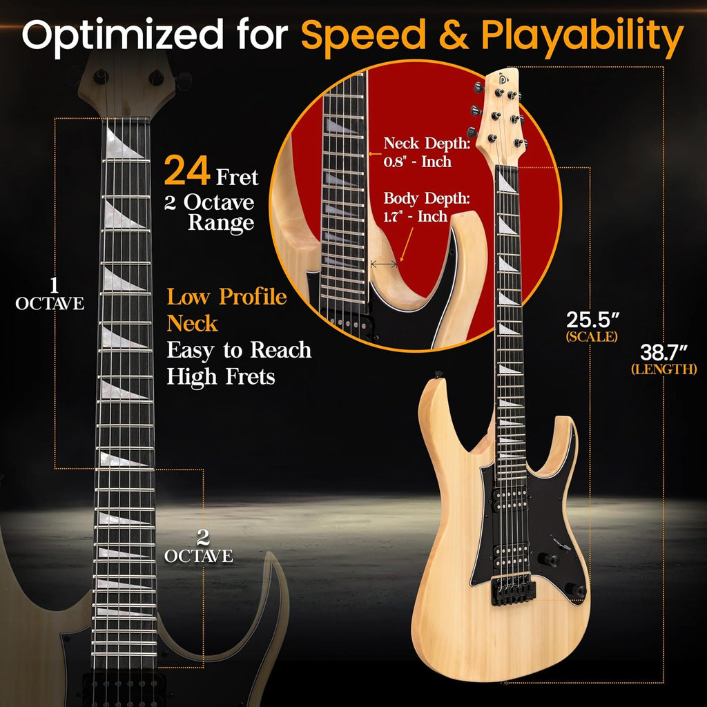 Pyle Prog Rock EG Series Electric Guitar with Amp Kit, 39' Full Size with Dual Humbucker Pickups, Low Profile Neck and Solid Paulownia Body, Premium Accessory Kit Included (Prog Rock, Natural)