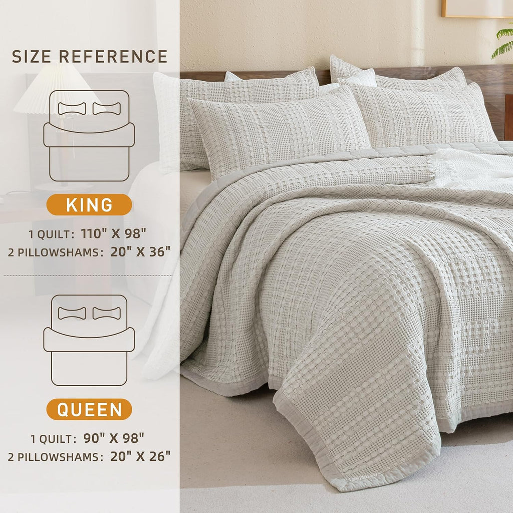 CozyTide Queen Quilt Set 90'x98',Khaki Waffle Weave Cotton Bedspread 3 Pieces Farmhouse Shabby Queen Quilt Bedding Set Lightweight Luxury Bedspreads & Coverlets Ultra Soft