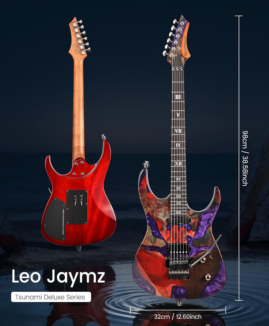 Leo Jaymz Tsunami Deluxe Mahogany Body & Roasted Maple Neck, HH Pickups with Rail, Double-Locking Tremolo, 24 Frets(Violet)