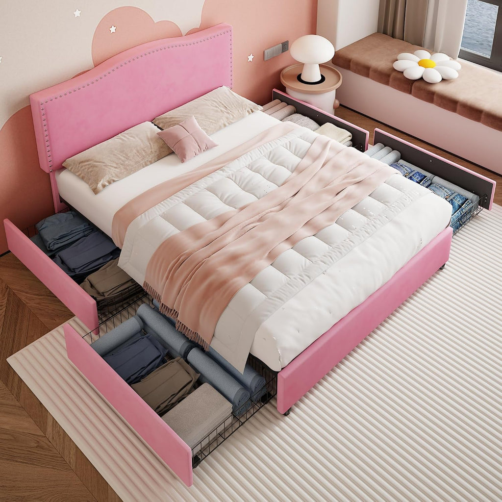 VECELO Queen Bed Frame, Platform Bed Frame with 4 Underbed Storage Drawers & Adjustable Height Upholstered Headboard, Heavy-Duty Frame and Strong Wooden Slats Support, Noise-Free, Easy Assembly, Pink