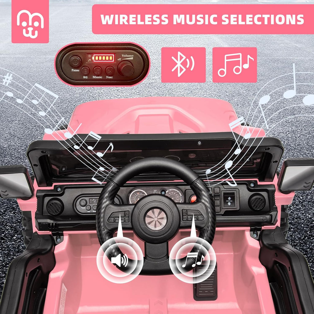 MINIATURE MOTORS 24V Kids Electric Ride on Truck Car Remote Control, Twin 55W Motors 4MPH Max Speed, Bluetooth Music Player, 4 Wheels Suspension LED Lights Safety Belt, Gift for Boys Girls-Light Pink