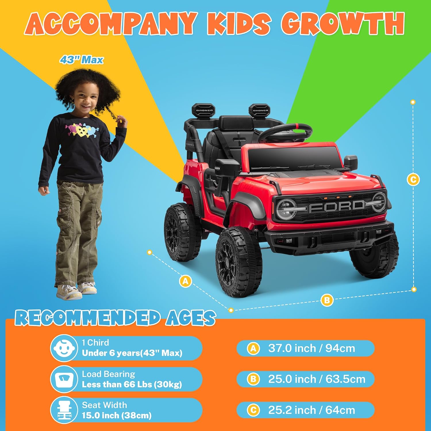 ENYOPRO 12V Kids Ride on Car Licensed Ford Bronco Raptor, Toddler Electric Car with Remote Control, Battery Powered Ride on Toy Truck w/LED Lights, Music Player, Horn, Seat Belt, Soft Start (Red)