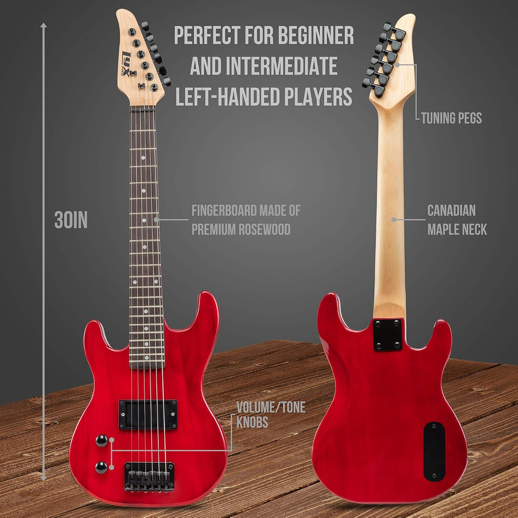 LyxPro Left Hand 30 Inch Electric Guitar Kit for Lefty Kids 3/4 Size Beginner's Guitar, Amp, Six Strings, Two Picks, Shoulder Strap, Digital Clip On Tuner, Guitar Cable and Soft Case Gig Bag - Red