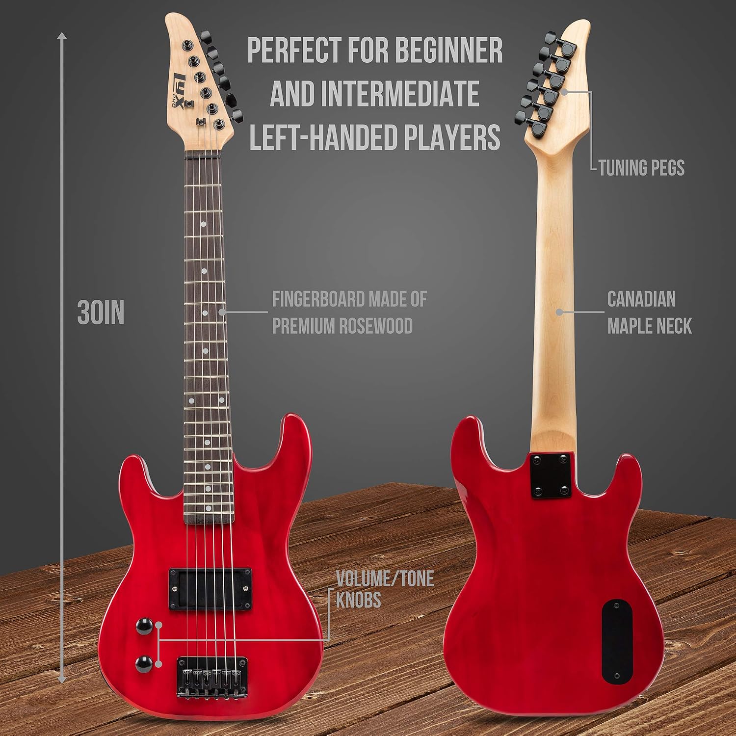 LyxPro Left Hand 30 Inch Electric Guitar Kit for Lefty Kids 3/4 Size Beginner's Guitar, Amp, Six Strings, Two Picks, Shoulder Strap, Digital Clip On Tuner, Guitar Cable and Soft Case Gig Bag - Red