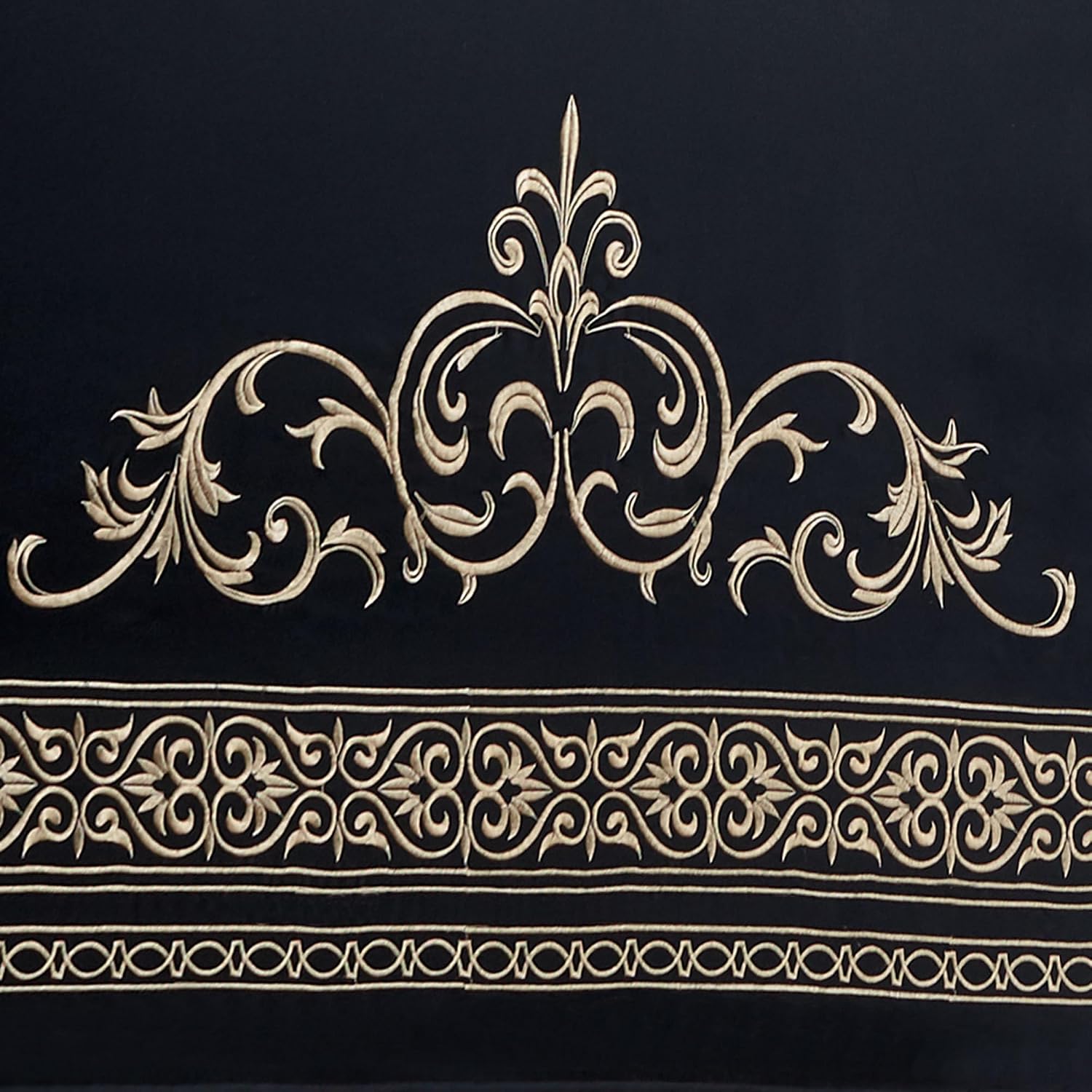 Kensington Luxury Bedding | Classic Black | Palace-Inspired Golden Scrollwork Embroidery | 11 Pc Set with Cal King Comforter, Bedskirt, 2 King Shams, 2 Euro Shams, 2 Euro Pillow Inserts, and 3 Pillows