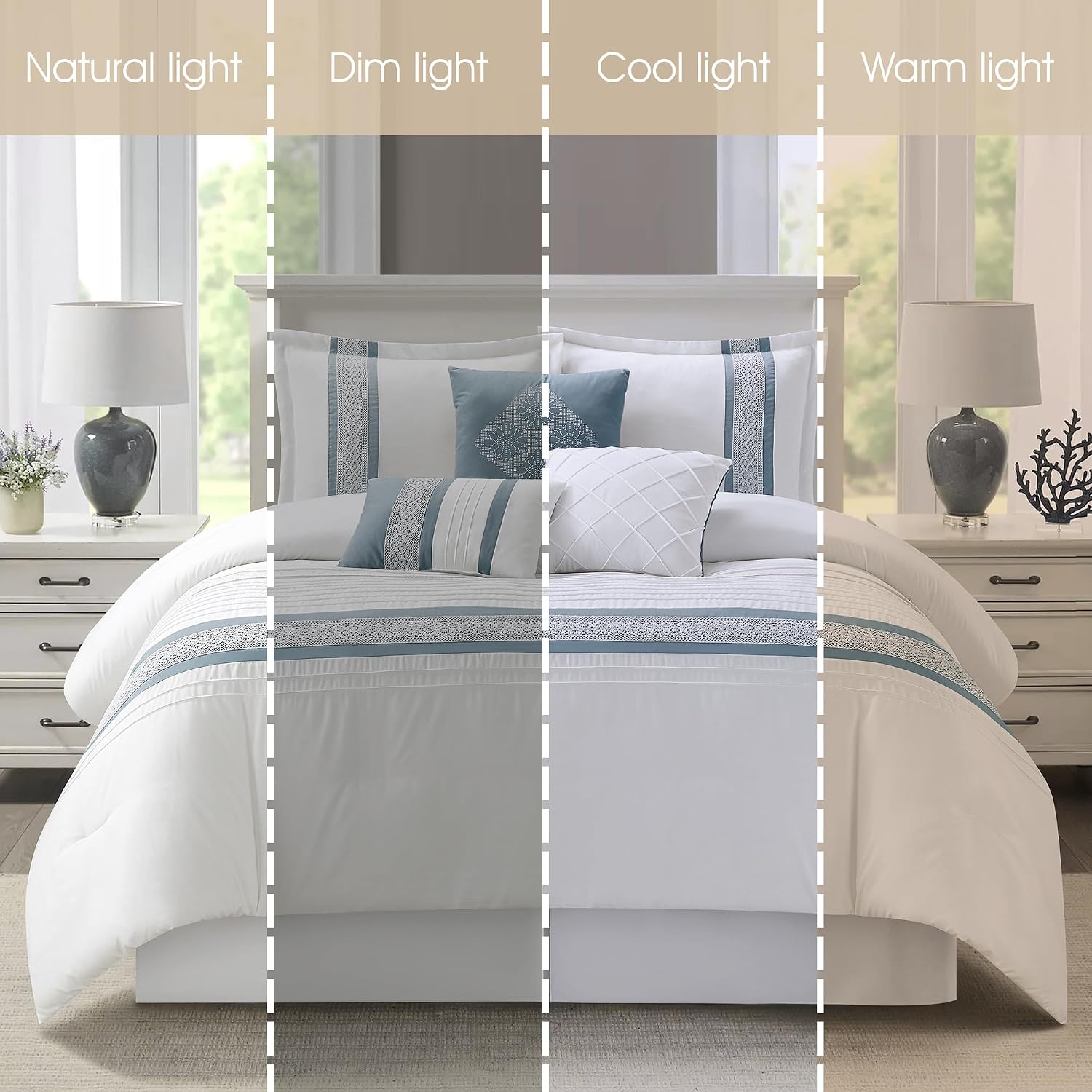Grand Avenue Striped 7 Piece Blue Comforter Set, California King Size Microfiber Bedding, All Season Polyester Bedding Set, Bed Skirt, Pillows & Shams