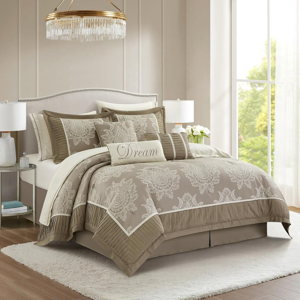 Stratford Park Beige Comforter Set King, 15 Pieces Room in a Bag, Elegant Patchwork Damask Jacquard Bedding Set, Matching Bedskirt, Flat Sheet, Fitted Sheet, Pillow Shams, Curtains