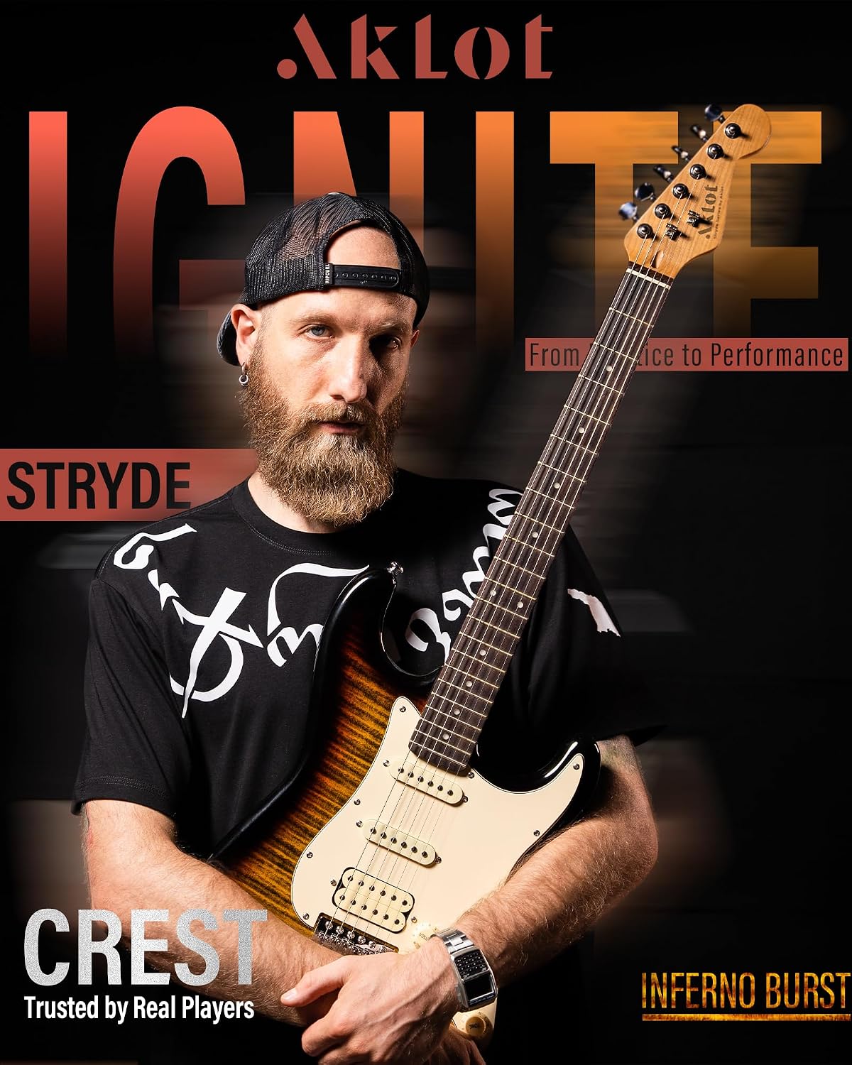 AKLOT Beginner Electric Guitar Kit: 10W Amp, Coil-Split HSS Pickups, Lesson Book, Roasted Maple Neck, Gig Bag, Tuner, Strap, Picks, Stryde Inferno Burst