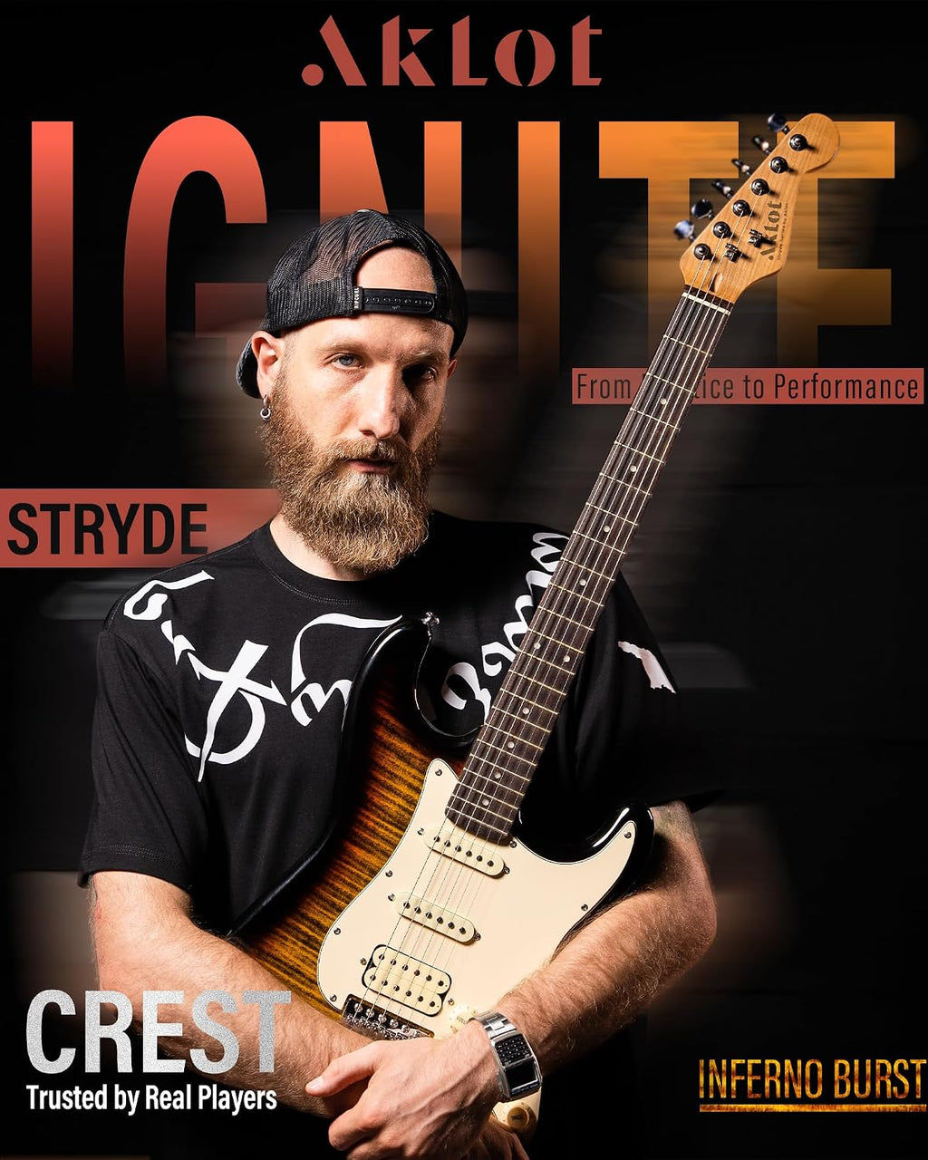 AKLOT Beginner Electric Guitar Kit: 10W Amp, Coil-Split HSS Pickups, Lesson Book, Roasted Maple Neck, Gig Bag, Tuner, Strap, Picks, Stryde Inferno Burst