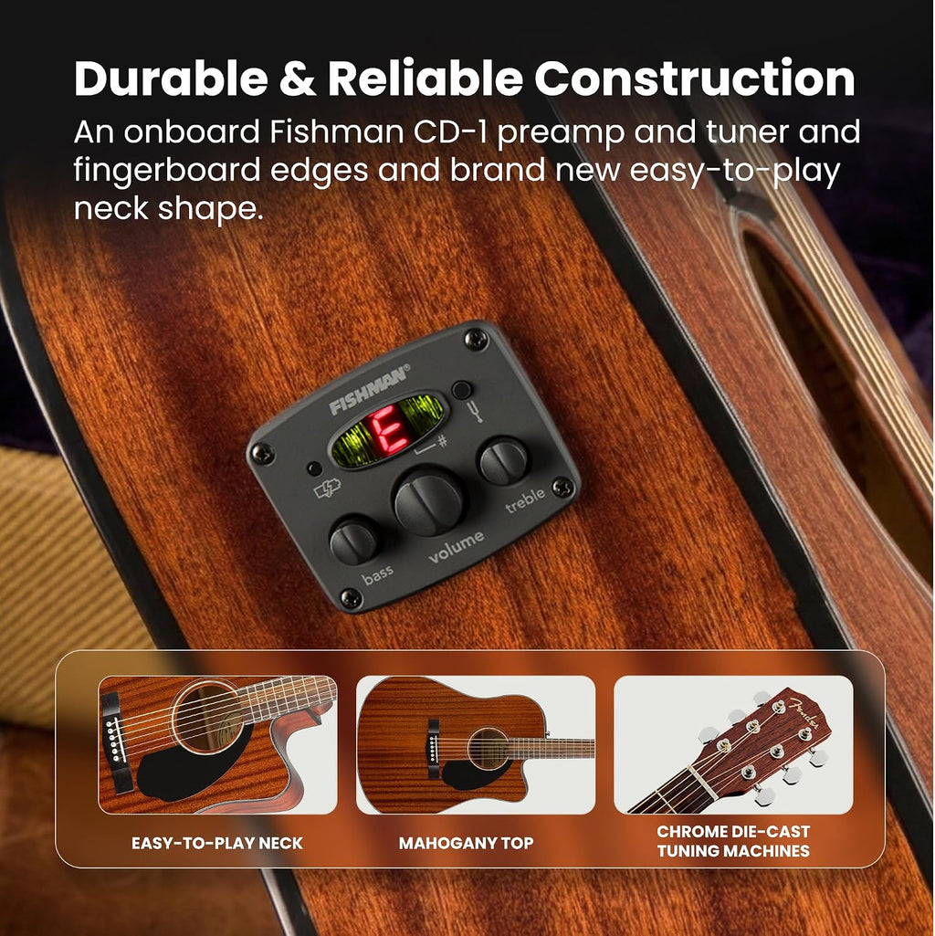 Fender CD-60SCE Solid Top Dreadnought Acoustic-Electric Guitar - All Mahogany Bundle with Hard Case, Instrument Cable, Tuner, Strap, Strings, Picks, and Austin Bazaar Instructional DVD
