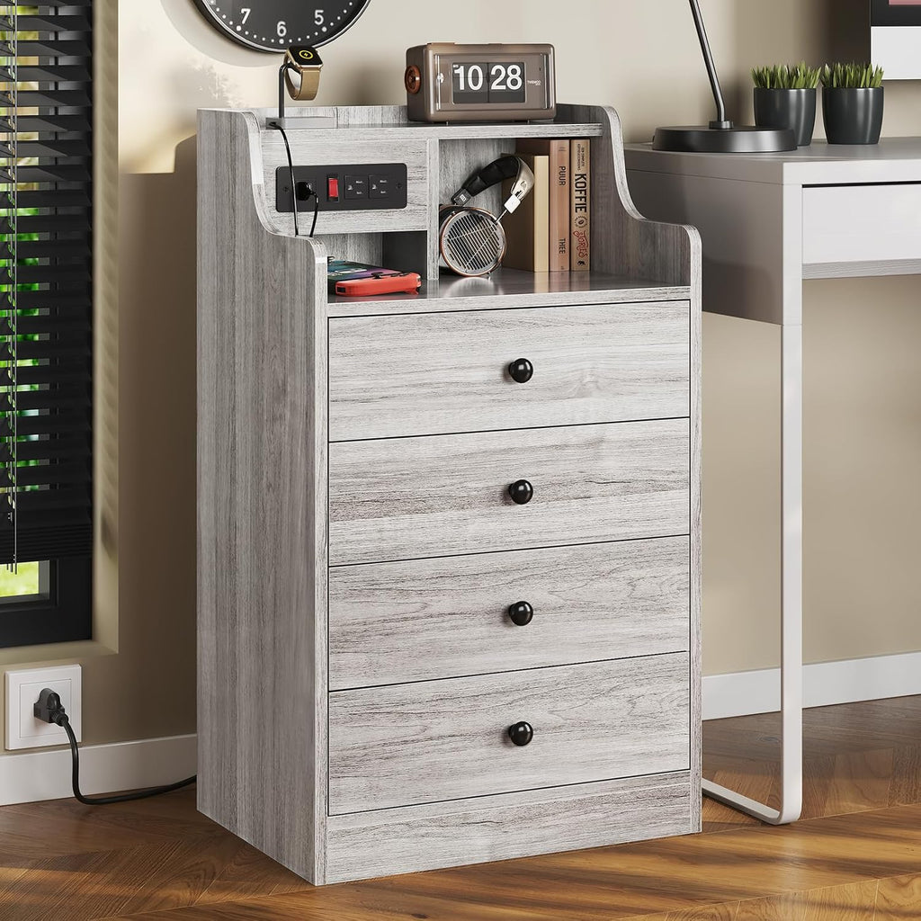 ADORNEVE Night Stand Set 2,Grey Nightstand with Charging Station & Hutch,Night Stands for Bedrooms Set of 2,Bedside Table with 4 Drawers