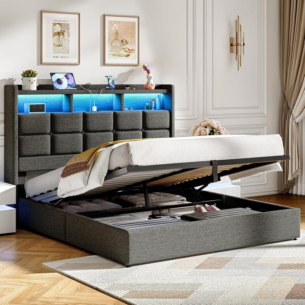 Driftalia Lift Up Full Size Bed Frame with Storage, Upholstered Full Bed Frame with LED Lights Headboard and Charging Station, No Box Spring Needed, Easy Assembly - Dark Grey