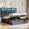 Driftalia Lift Up Full Size Bed Frame with Storage, Upholstered Full Bed Frame with LED Lights Headboard and Charging Station, No Box Spring Needed, Easy Assembly - Dark Grey