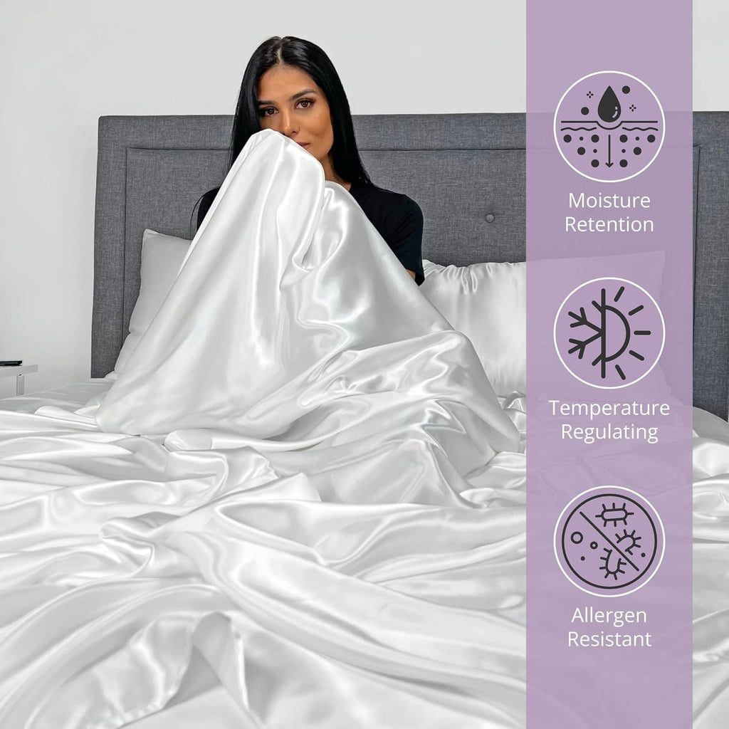 Mulberry Park Silks - 22 Momme 100% Mulberry Silk Sheets - King Size Bed Set - 16' Pocket - Luxurious Bed Sheets & Pillowcases, Skin-Friendly & Breathable - Charmeuse Silk for Hair Care - White