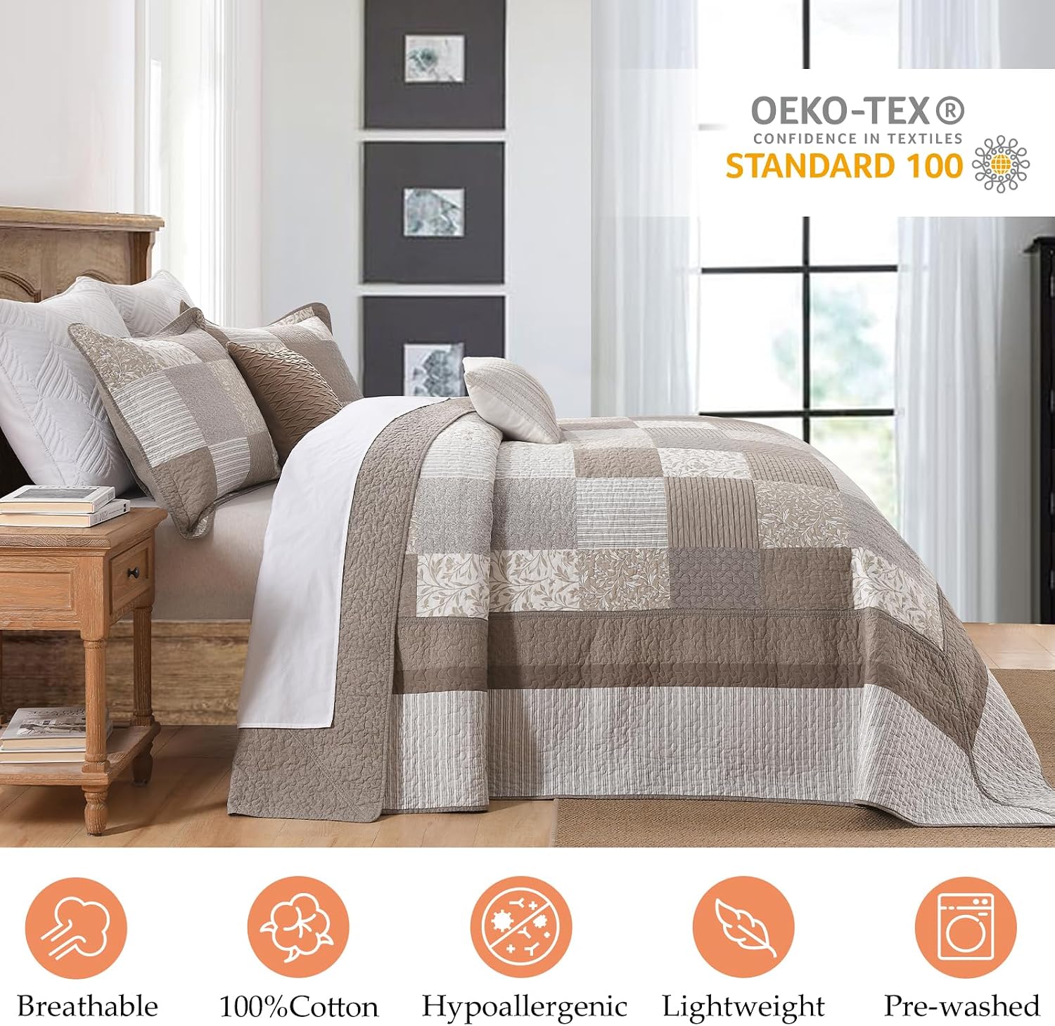 Plaid Bedspread 128'x120' Oversized California King Bedspread, 100% Cotton XL Oversized King Quilt, Lightweight Farmhouse Quilted Bedspreads Coverlet Set, Gray/Beige/Brown, 3 Pcs