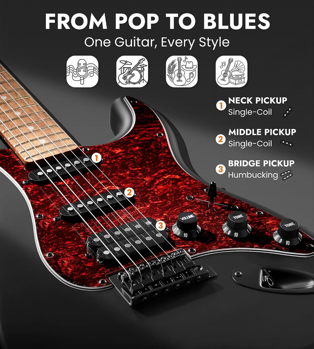 Tostar Electric Guitar Kit with Amp HSS Pickup Beginner Electric Guitar Stratocaster with Gig Bag,Capo,Tremolo, Strap, Picks 39' Full Size Electric Guitars Heavy Metal 6 String for Gifts Satin Black