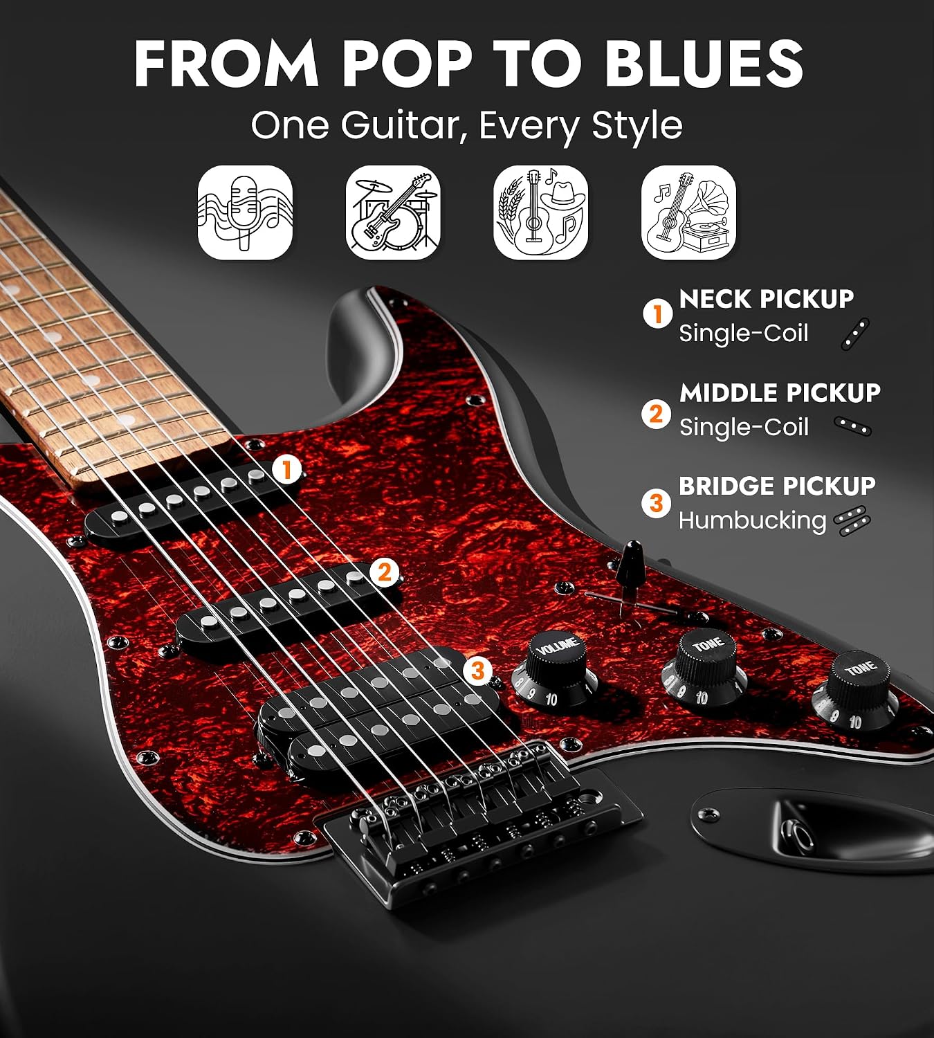 Tostar Electric Guitar Kit with Amp HSS Pickup Beginner Electric Guitar Stratocaster with Gig Bag,Capo,Tremolo, Strap, Picks 39' Full Size Electric Guitars Heavy Metal 6 String for Gifts Satin Black