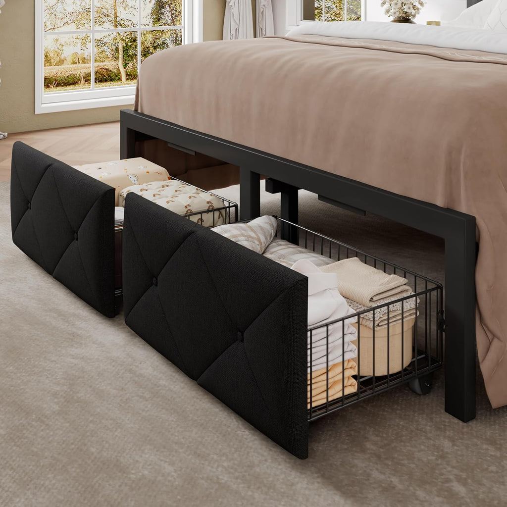 Einhomn Full Size Bed Frame with 2 Storage Drawers, Metal Platform Bed with Charging Station, Upholstered Linen Button Tufted Storage Headboard, No Box Spring Needed, Easy Assembly, Noise Free, Black