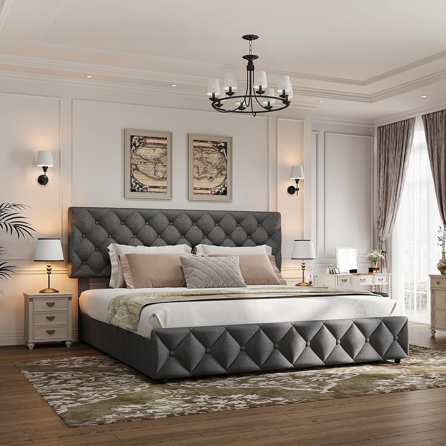 Queen Size Bed Frame with 4 Storage Drawers & Headboard, Linen Upholstered Platform Bed Frame, Stylish Diamond Tufted Design, No Box Spring Needed | Grey