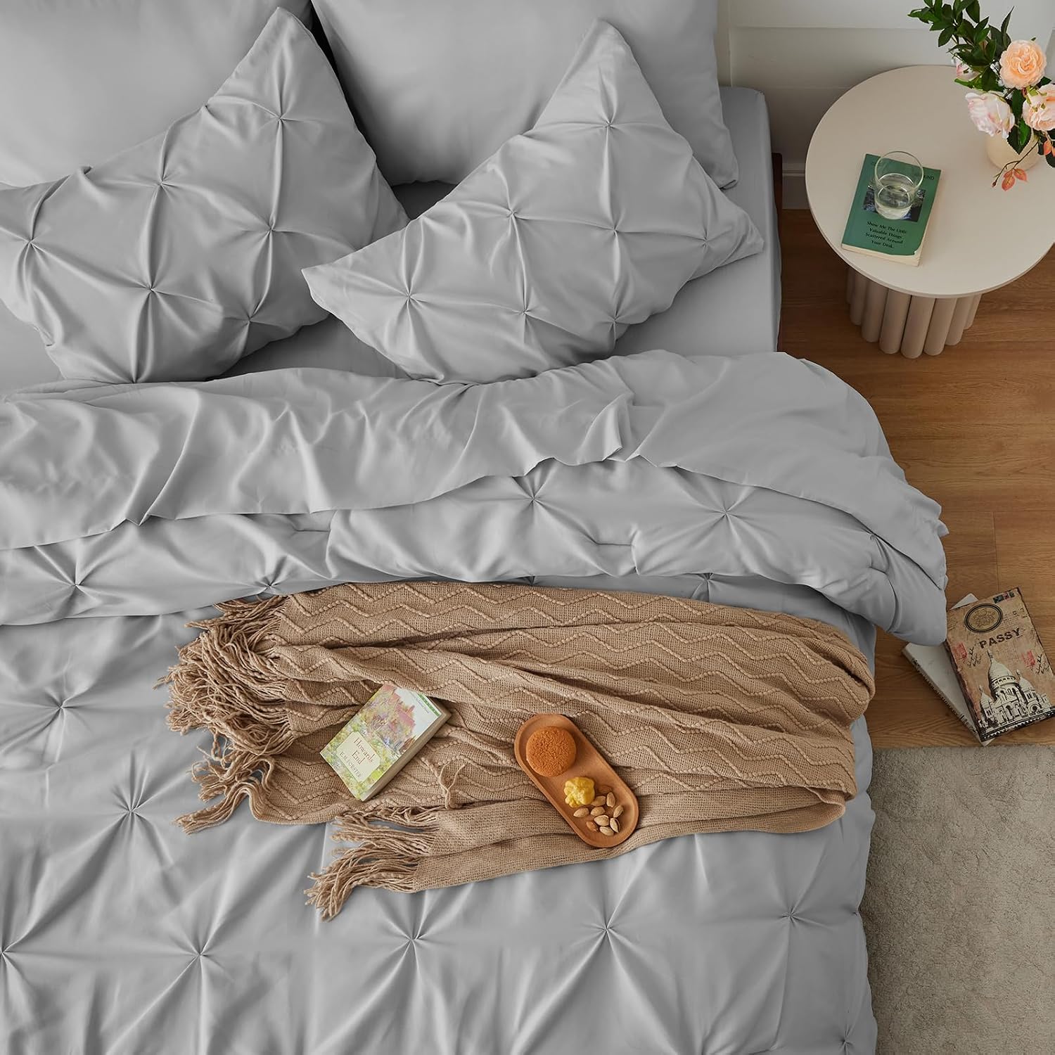 King Size Comforter Set 7 Pieces Bed in a Bag 100% Cotton Light Gray Comforter King Pintuck Bed Sets Pinch Pleat Bedding Sets Comforter, Flat Sheet, Fitted Sheet, Pillowcases & Shams
