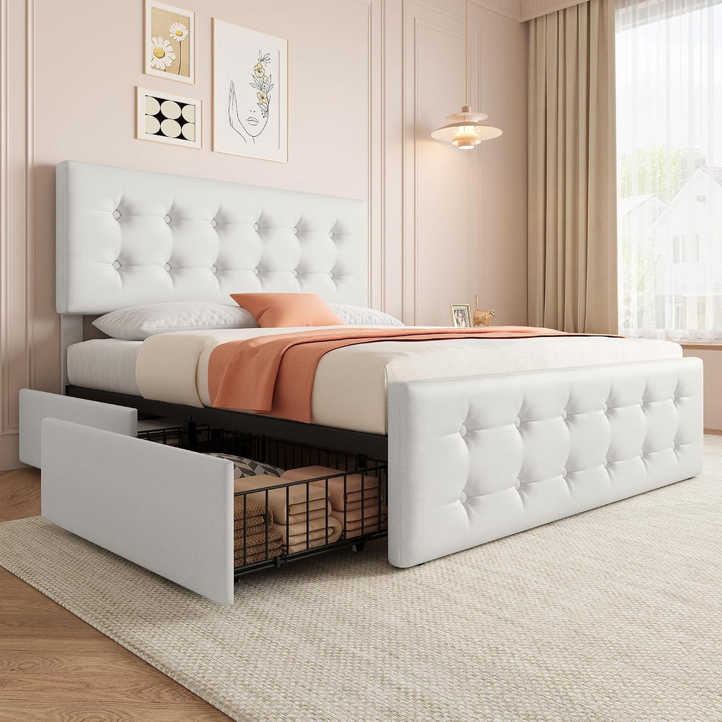 GAOMON Full Size Bed Frame with 4 Drawers and Adjustable Headboard, PU Leather Upholstered Platform Bed with Button Tufted Design, No Box Spring Needed, Strong Wooden Slats, Beige
