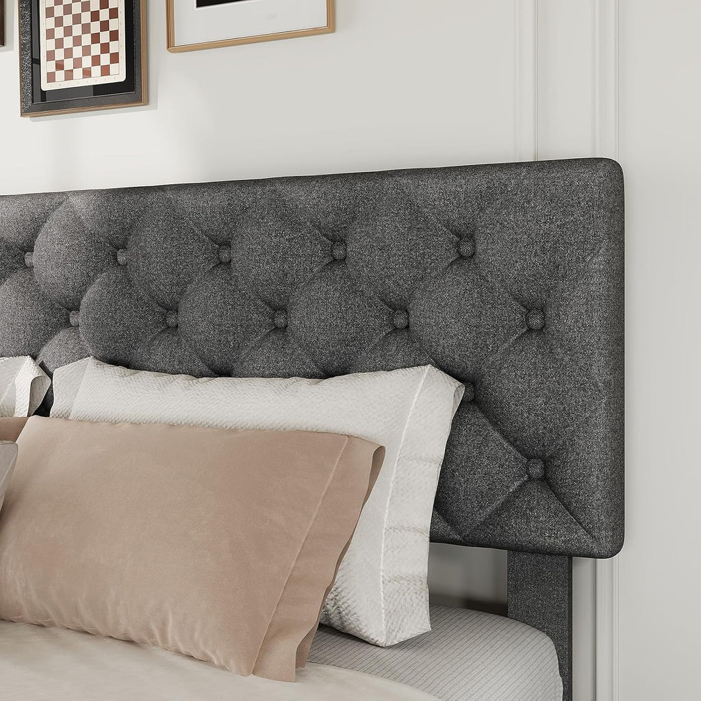 Full Size Bed Frame with 4 Storage Drawers & Headboard, Linen Upholstered Platform Bed Frame, Stylish Diamond Tufted Design, No Box Spring Needed | Grey