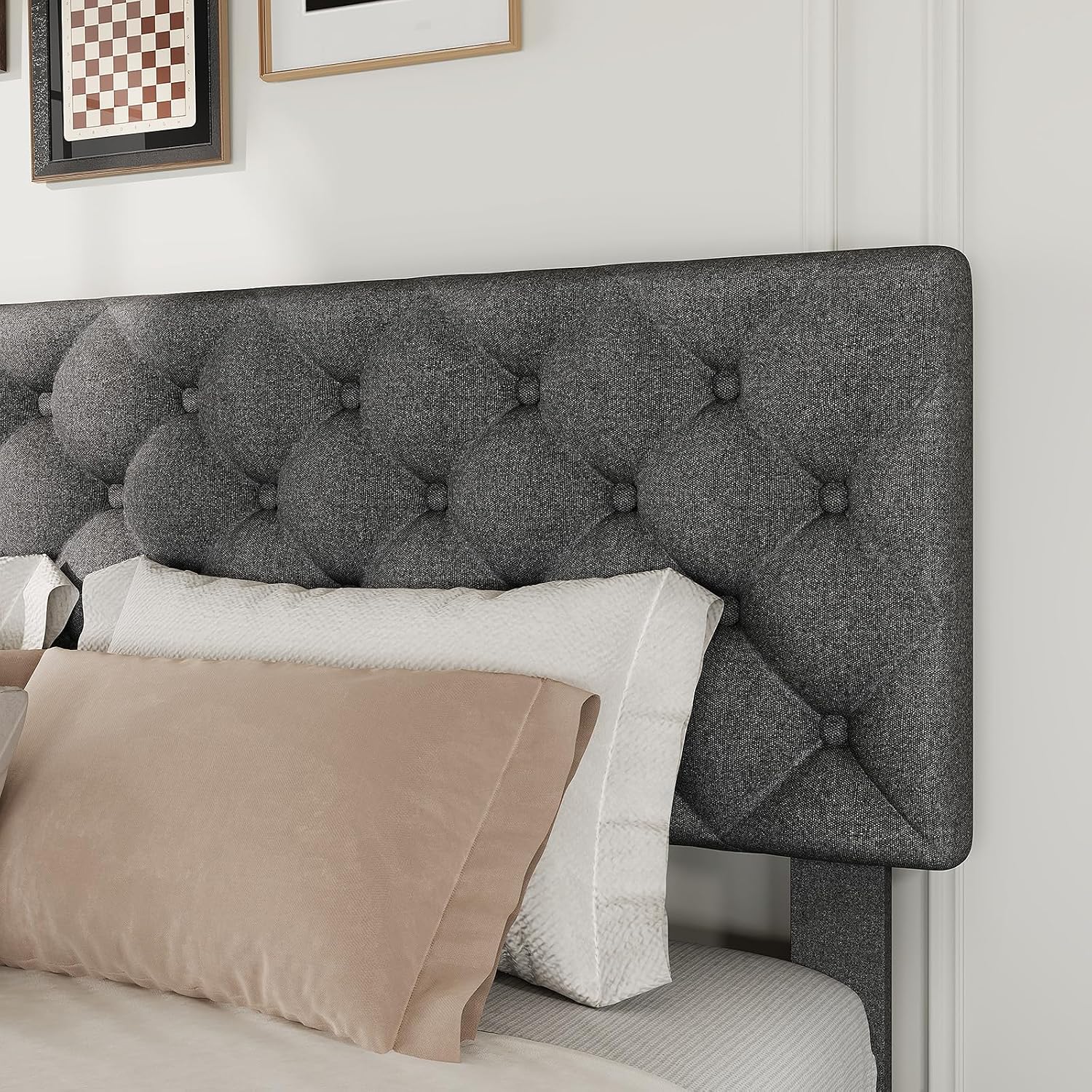 Queen Size Bed Frame with 4 Storage Drawers & Headboard, Linen Upholstered Platform Bed Frame, Stylish Diamond Tufted Design, No Box Spring Needed | Grey