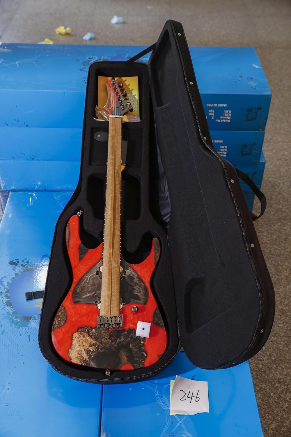 Leo Jaymz Electric Guitar Monsoon Deluxe Series, Reverse Headstock, Burl Top, Mahogany Body, Roasted Maple Neck, Rosewood Fretboard, Case and Capo(RB-2025-246)
