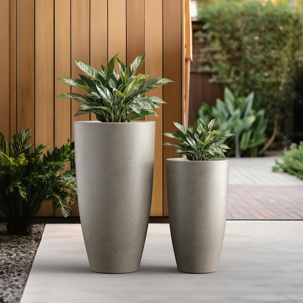 Kante 31.4' and 23.6' H Weathered Concrete Finish Concrete Tall Planters Large Outdoor Indoor Decorative Plant Pots with Drainage Hole and Rubber Plug, Modern Tapered Style for Home and Garden