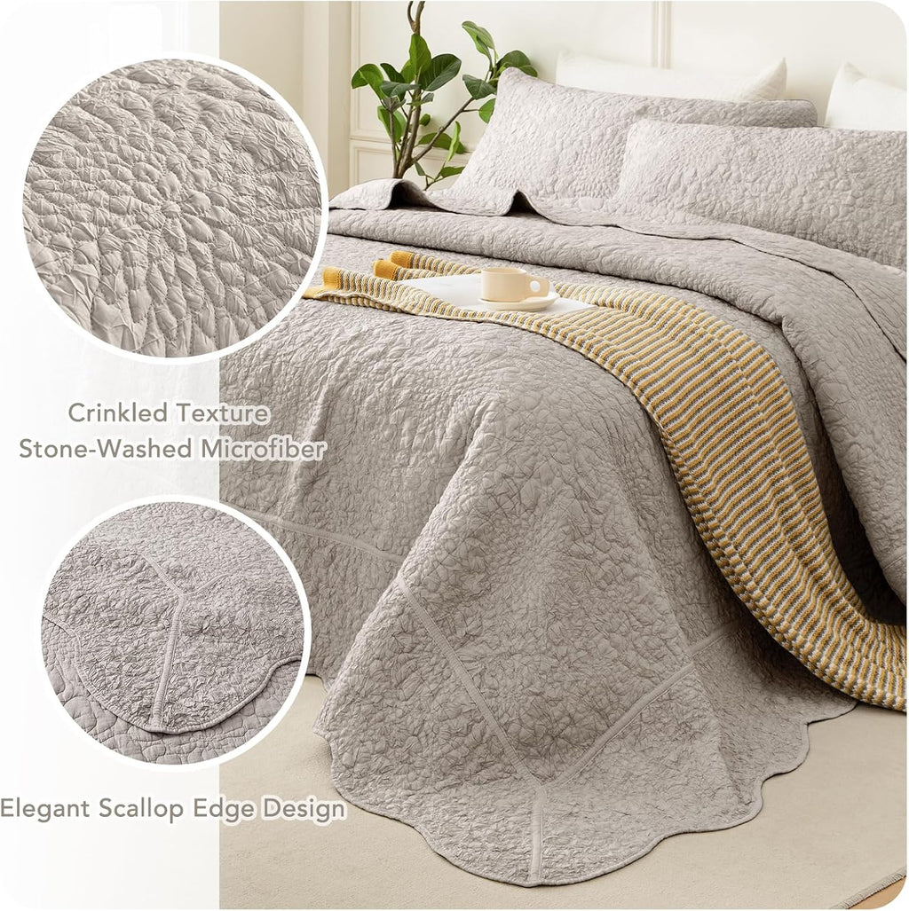 Lady Ann Oversized King 120x120 Quilt Set, 3 Pcs Stone-Washed Crinkled Linen Feel Cal King Size Bedspread Set, Crinkled Scalloped Edge Coverlet Extra Large Quilted Blanket Farmhouse Rustic Bedding Set