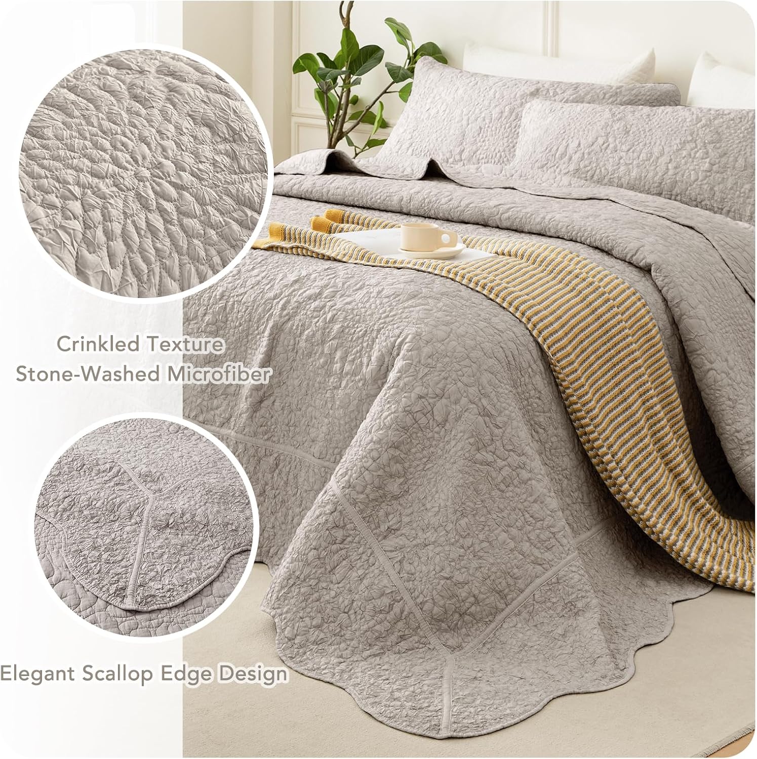 Lady Ann Oversized King 120x120 Quilt Set, 3 Pcs Stone-Washed Crinkled Linen Feel Cal King Size Bedspread Set, Crinkled Scalloped Edge Coverlet Extra Large Quilted Blanket Farmhouse Rustic Bedding Set