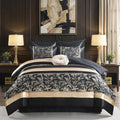 CozyDH Black Gold Comforter Set King Size - 7 Piece Luxury Jacquard Silky Bed in a Bag, Vintage Floral Striped Damask, All-Season Down Alternative Bedding with Bed Skirt, Shams, Decorative Pillow