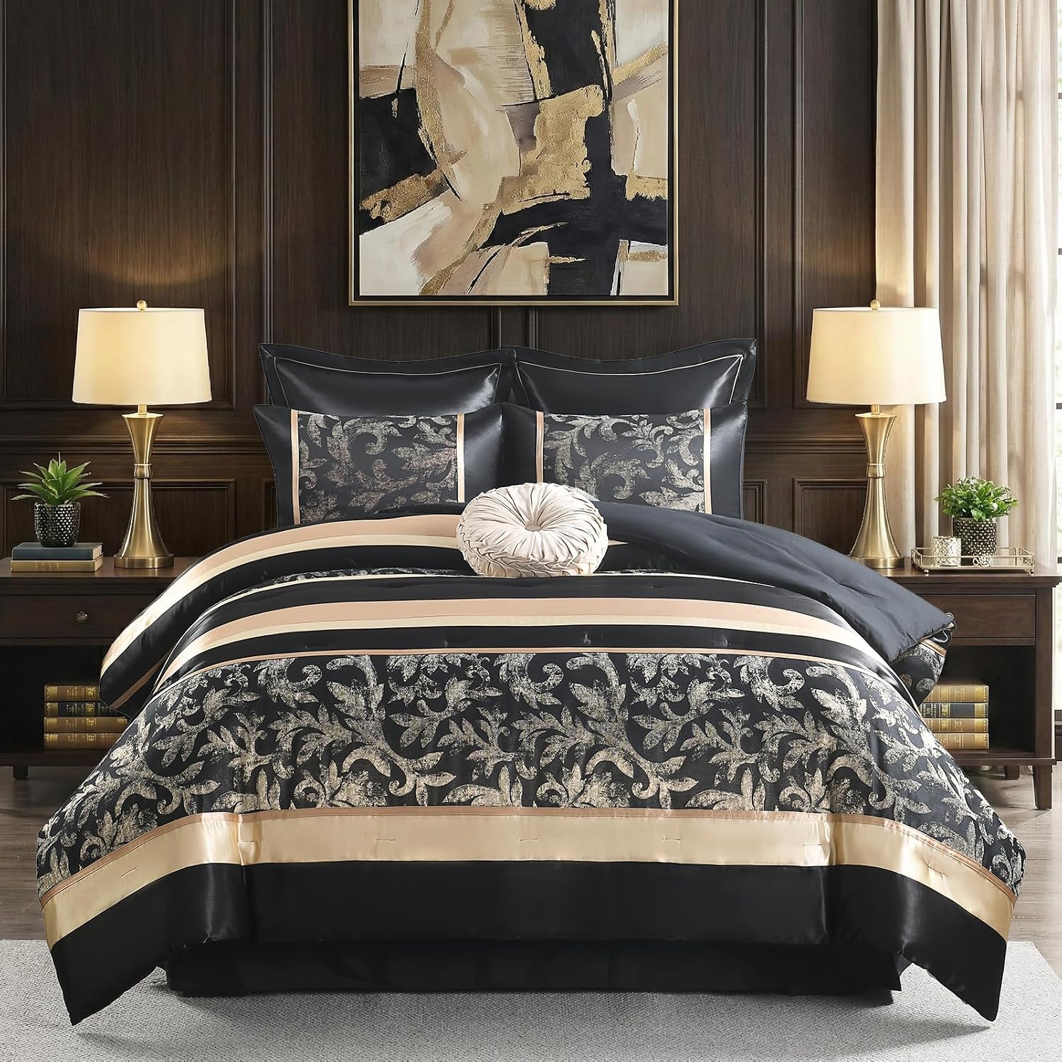 CozyDH Black Gold Comforter Set King Size - 7 Piece Luxury Jacquard Silky Bed in a Bag, Vintage Floral Striped Damask, All-Season Down Alternative Bedding with Bed Skirt, Shams, Decorative Pillow
