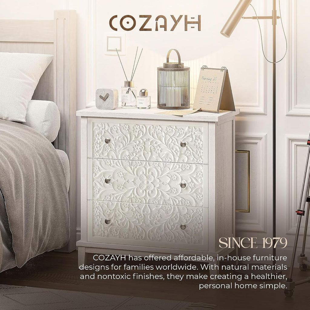 COZAYH 3-Drawer Fully-Assembled Flower Motif Dresser for French Country, Farmhouse, Modern, Rustic Style, Distressed Finish, White-Washed