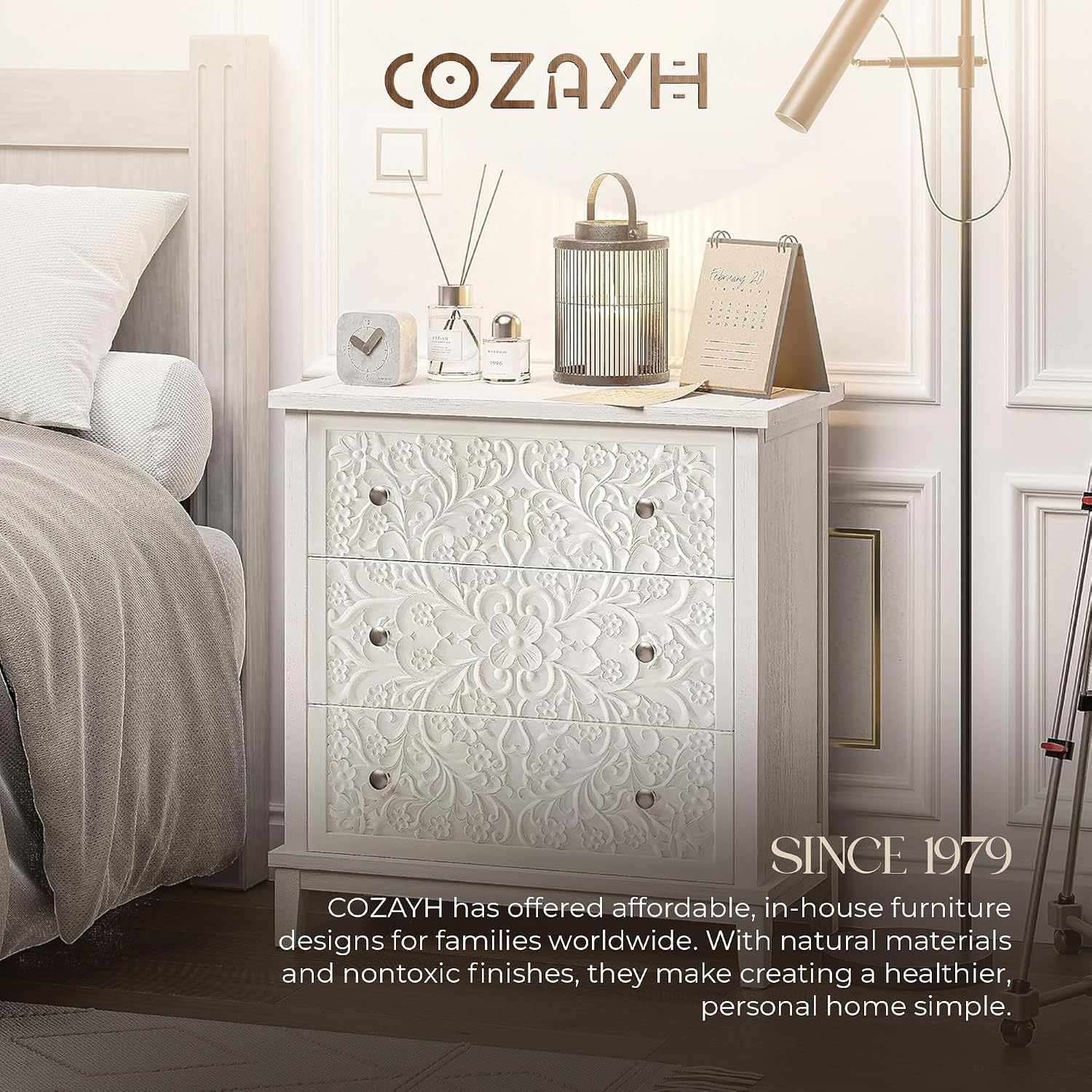 COZAYH 3-Drawer Fully-Assembled Flower Motif Dresser for French Country, Farmhouse, Modern, Rustic Style, Distressed Finish, White-Washed