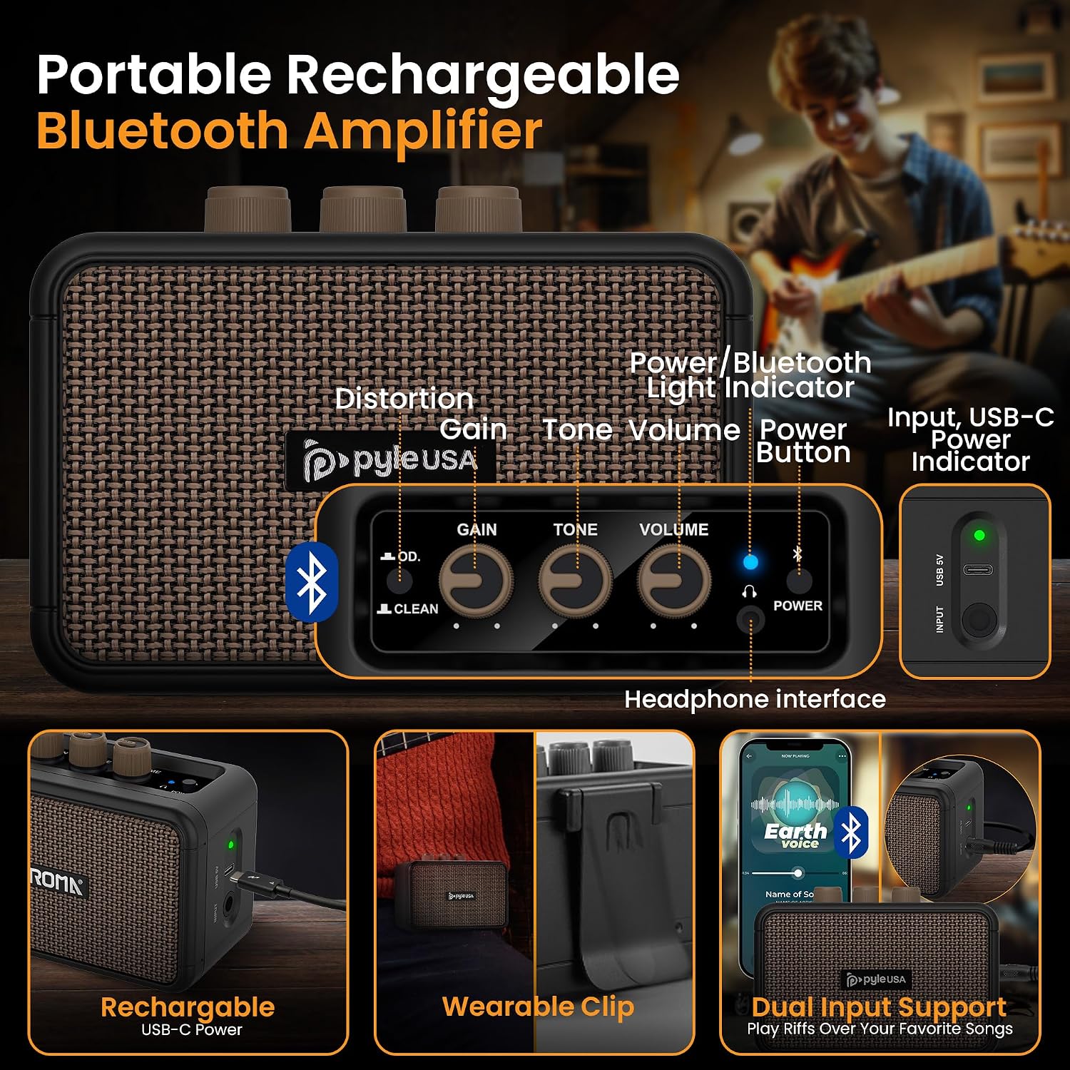 Pyle Electric Guitar and Amp Kit - Full Size 39' Complete Starter Kit with Wearable Bluetooth Amplifier, 1/4' Cable, Carry Case, Strap, Strings, Picks, Cleaning Cloth, ST-Style Pickups (Black)