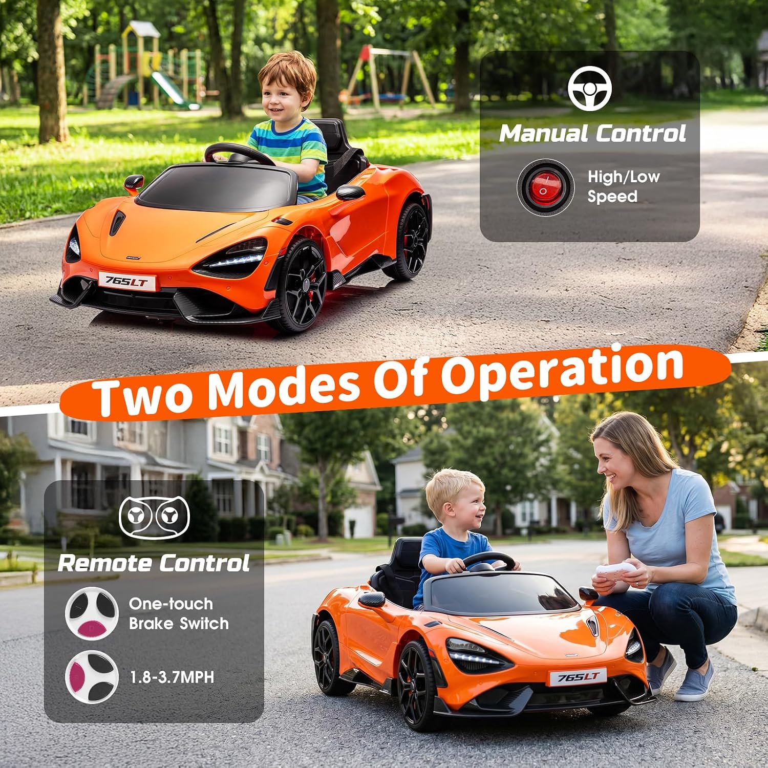 Kids Ride-on Car Licensed McLaren765LT for 3-6Years Old, Electric car 12V Battery Powered Electric Vehicle, w/Parent Remote, Music Player, LED Lights, Smooth Start, 3 Speeds, (Orange)