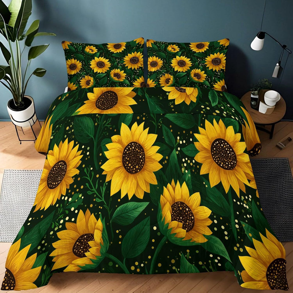 Comforter Set King with 2 Pillowcase, Hand Drawn Sunflower Petals 3 Pcs Quilted Bedding for Kids and Adults, Soft Fluffy Breathable Microfiber Dark Green Comforter for Bedroom Decor