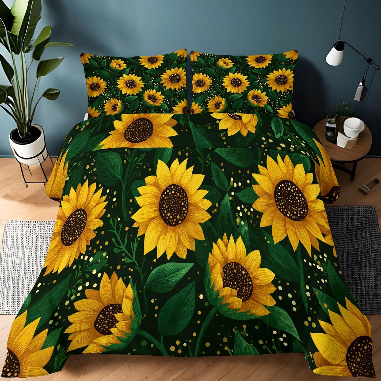 Comforter Set King with 2 Pillowcase, Hand Drawn Sunflower Petals 3 Pcs Quilted Bedding for Kids and Adults, Soft Fluffy Breathable Microfiber Dark Green Comforter for Bedroom Decor