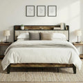 LIKIMIO King Bed Frame, Storage Headboard with Charging Station, Solid and Stable, Noise Free, No Box Spring Needed, Easy Assembly (Walnut and Beige)