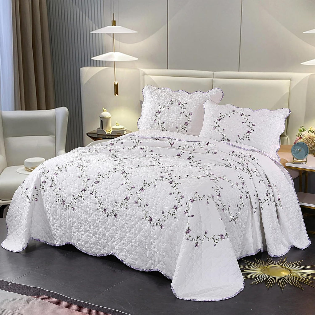 Quilt Set Purple Floral 3D Embroidery Pattern 3 PCS 100% Cotton Reversible Quilted Embroidered Decorative Bedspreads Coverlet Set, Lightweight &Soft Full Size White Bedding Coverlet for All Season