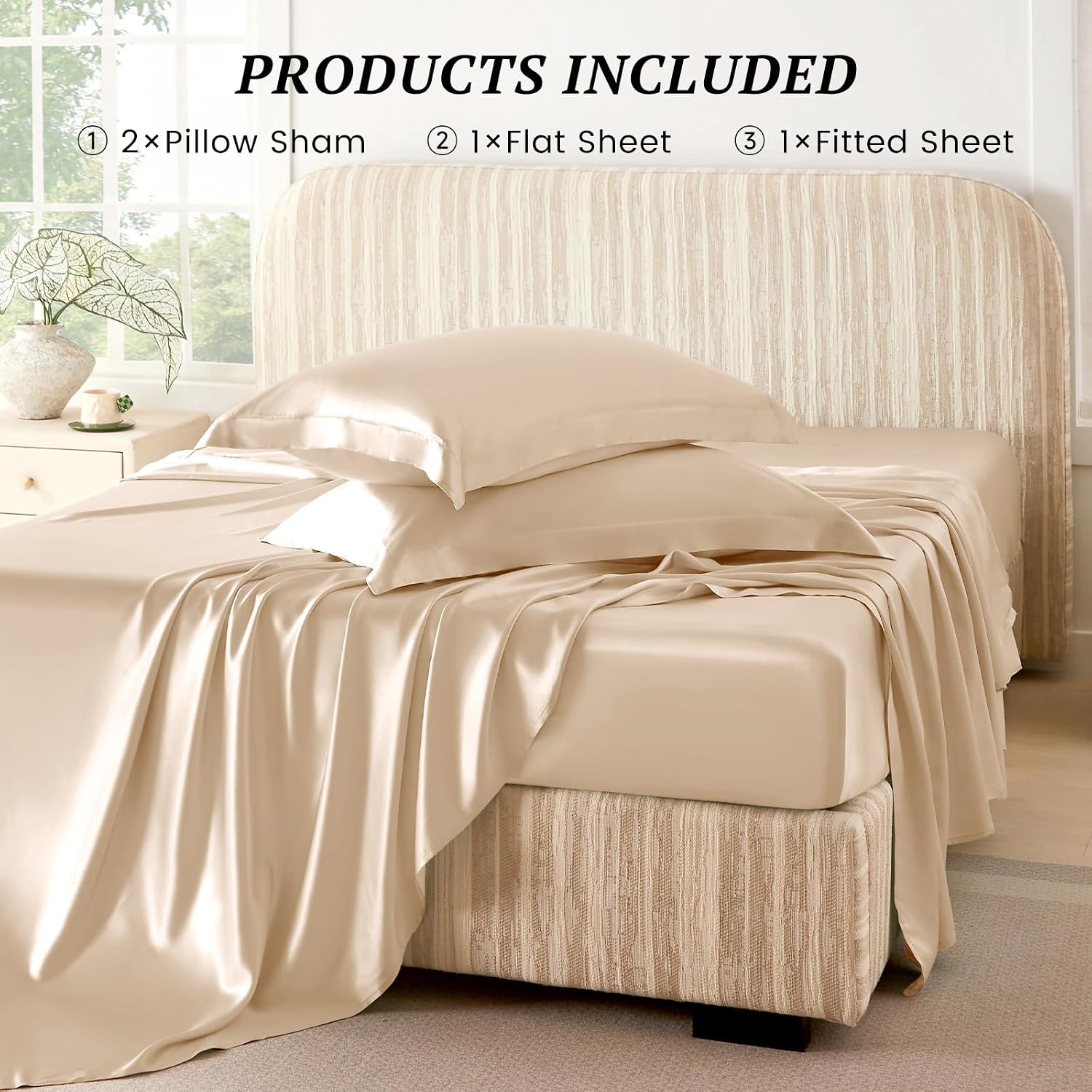 THXSILK Silk Sheet Set 4 Pcs, 25 Momme 100% Top Grade Pure Mulberry Silk Bed Sheets Luxury Bedding Sets Ultra Soft Durable, 1 Fitted Sheet, 1 Flat Sheet and 2 Pillow Shams (Full, Champagne)