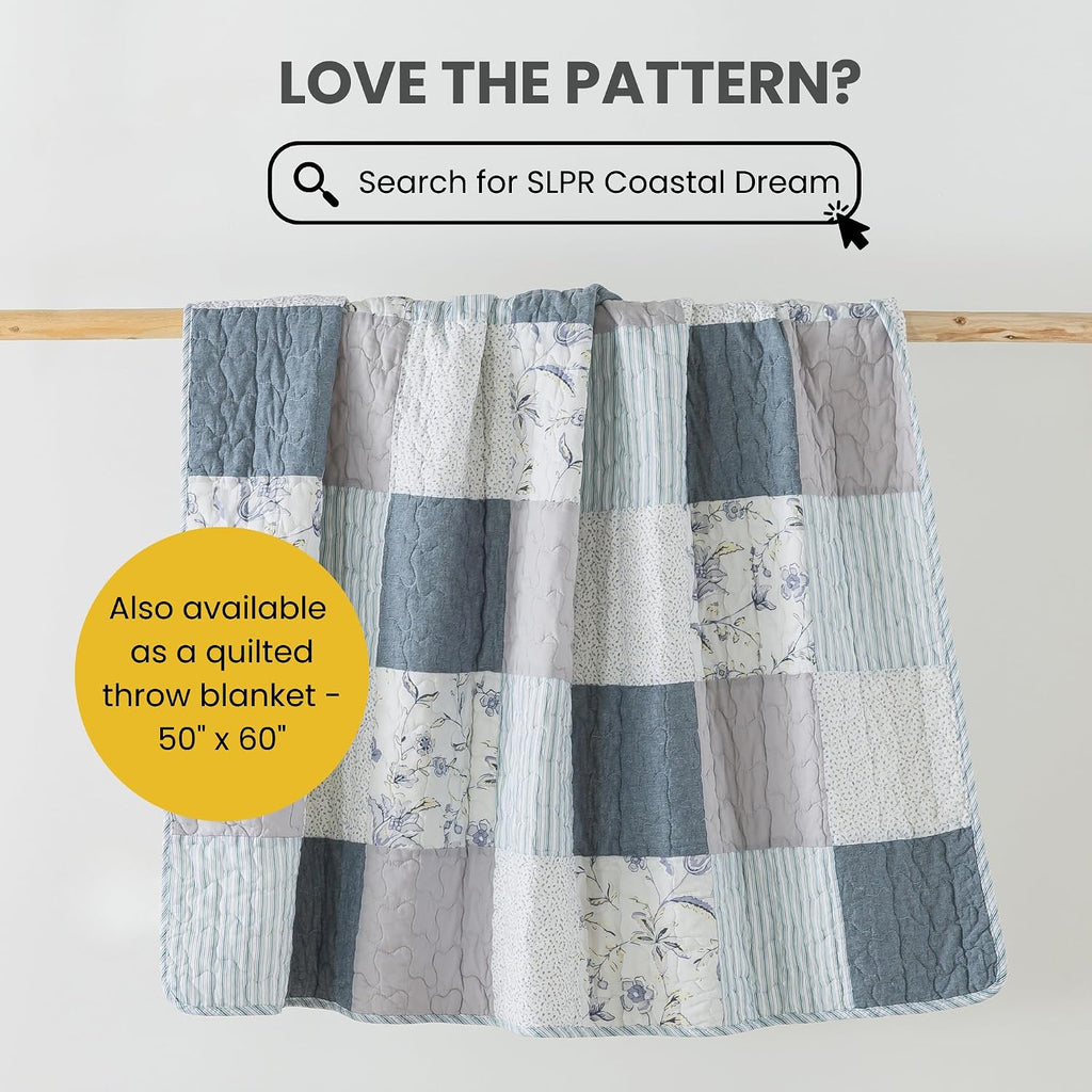 SLPR Coastal Dream Cotton Pieced Quilt Set - King Size with 2 Shams, Soft Purple & Blue Patchwork Quilted Bedspread, Farmhouse Country Style Bedding for All Seasons