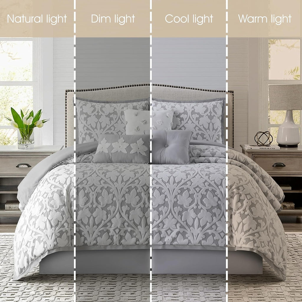 Grand Avenue 7 Piece White Grey Comforter Set, King Size Jacquard Bedding Set, All Season Floral Leaves Bedding, Matching Pillows, Shams, Bed Skirt