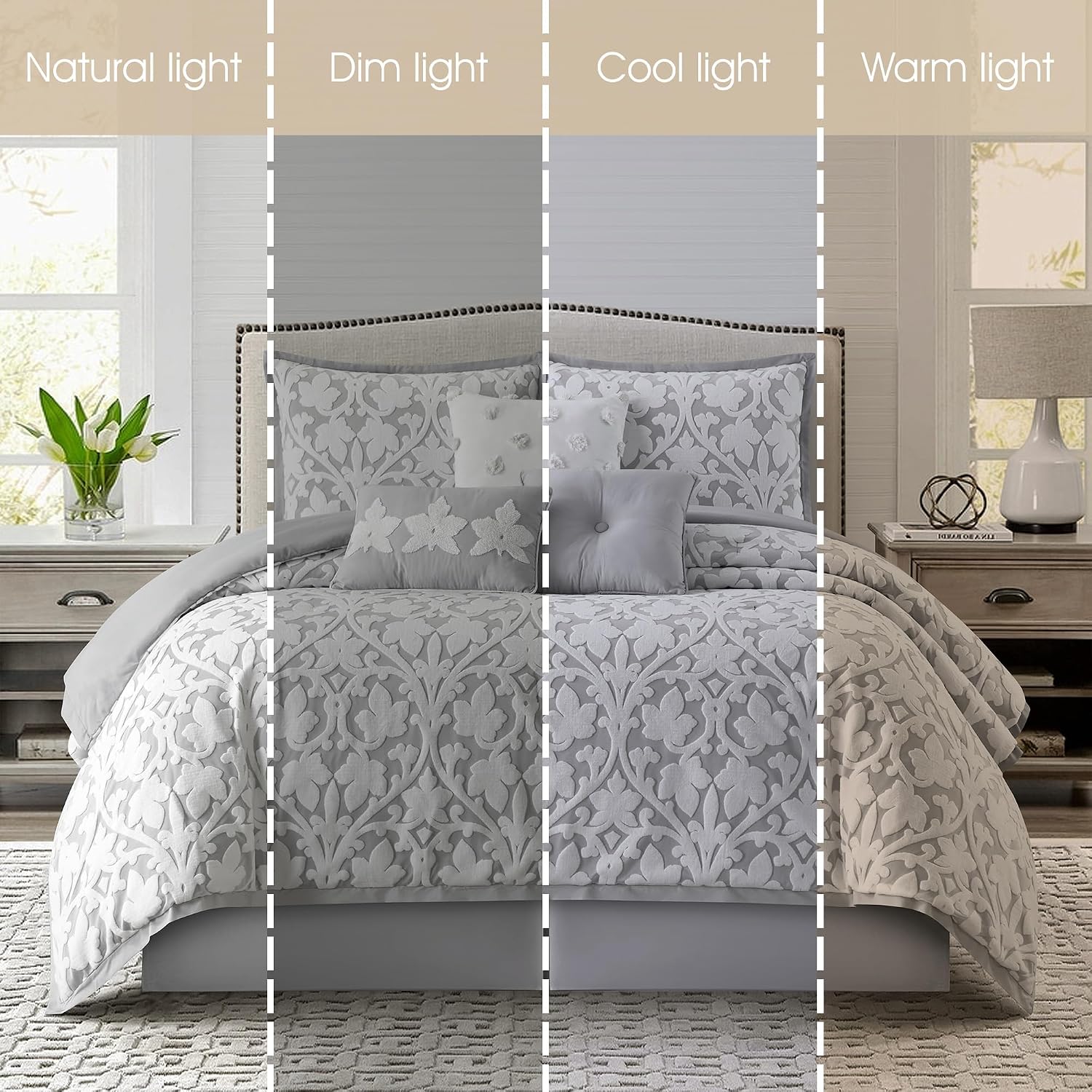 Grand Avenue 7 Piece White Grey Comforter Set, King Size Jacquard Bedding Set, All Season Floral Leaves Bedding, Matching Pillows, Shams, Bed Skirt