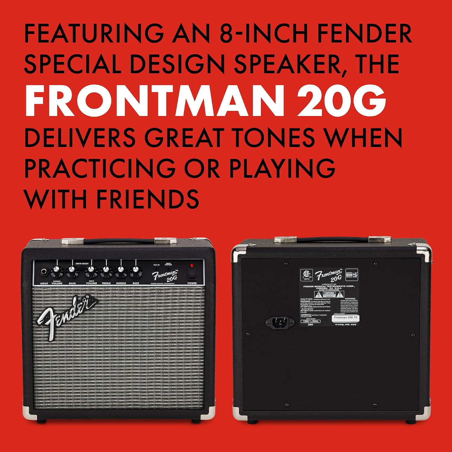 Fender Frontman 20G Electric Guitar Amplifier, 20-Watt Practice Amp with 8' Speaker, Clean & Drive Channels, 3-Band EQ, Aux In & Headphone Jack, with 2-Year Warranty