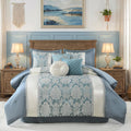 Queen Jacquard Comforter Set Teal Blue Cream - Luxury 7-Piece Bed in a Bag, Damask Patchwork Design, All Season Faux Silk Soft Fluffy Bedding with Bed Skirt, Shams, Pillows, 90'x90'